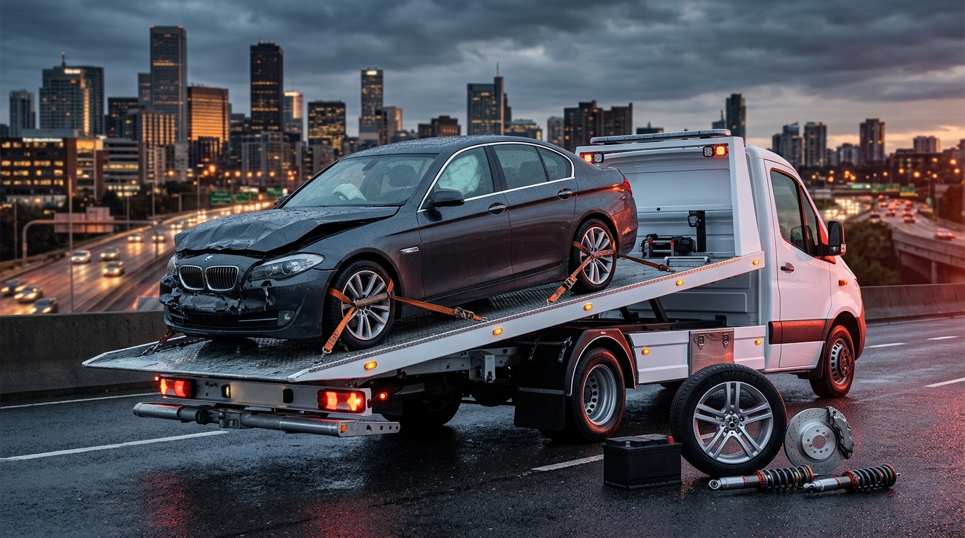 ValueDrive recovery truck carrying a saloon car with auto parts arranged beside it